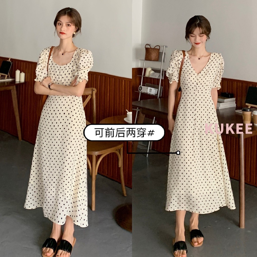 Đầm Ngắn Tay Chấm Bi Xinh Xắn Theo Phong Cách Retro Dành Cho Nữ
