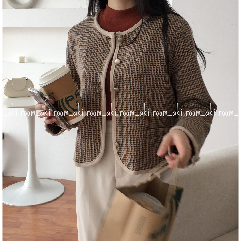 Áo khoác vest hai lớp kẻ hai màu dáng ngắn cổ tròn | BigBuy360 - bigbuy360.vn