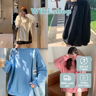 Áo sweater nữ cổ tròn xẻ tà trơn Wikishop form rộng dài tay màu đen be xanh hồng nữ tính basic hàn quốc C508