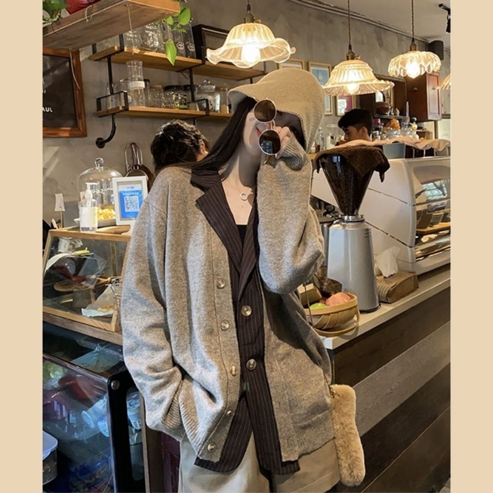Áo Khoác Cardigan Giả Hai Lớp Dáng Rộng Thời Trang Xuân Thu Cho Nữ