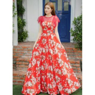 (free chỉnh sửa váy) đầm maxi hoa tay cánh tiên váy xoè, đầm voan hoa màu tối đi biển du lịch chụp ảnh tết