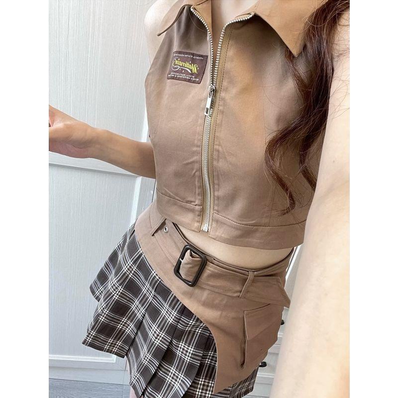 Bộ Đồ Ba Món Áo Khoác Ngắn Kẻ Sọc + Áo Vest Cổ POLO + Chân Váy Xếp Ly Lưng Cao Thời Trang Xuân Hè 2022 Phong Cách Mới Dành Cho Bạn Nữ