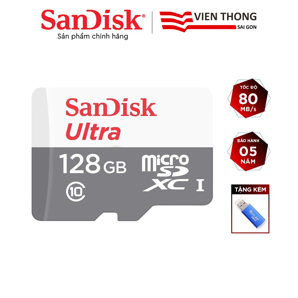 Thẻ nhớ microSDHC SanDisk Ultra 128GB upto 80MB/S 533x tặng đầu đọc thẻ (ngẫu nhiên)