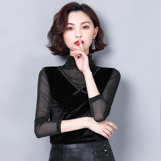 xu hướng thời trang nữ❤2020 khí mùa đông mới cao cổ áo sơ mi dài tay hai chiếc áo nhung đen