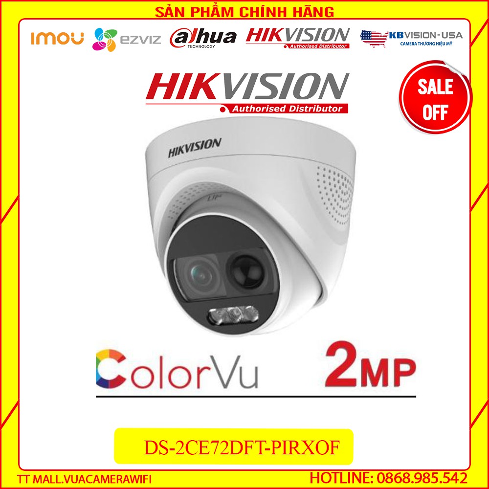 [GIÁ SẬP SÀN] Camera HDTVI Colorvu 2MP HIKVISION DS-2CE72DFT-PIRXOF có màu 24/24 tích hợp báo động đèn hàng chính hãng