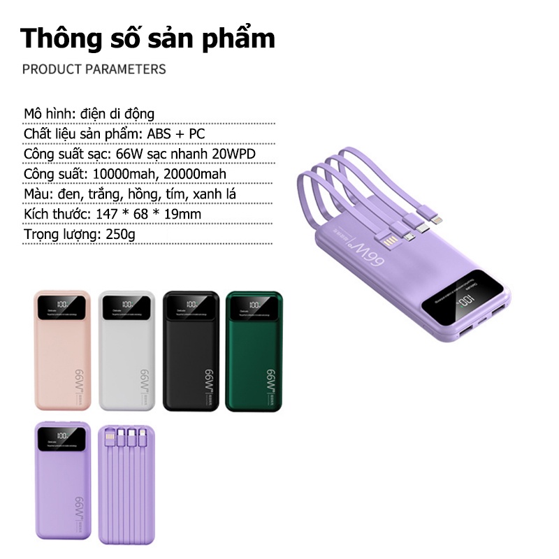 Sạc Dự Phòng 20000mah Sạc Nhanh 66W Có Màn Hình LED Hiển Thị Điện Áp Chính Hãng 20W PD Pin Sạc Dự Phòng for Xiaomi Samsung