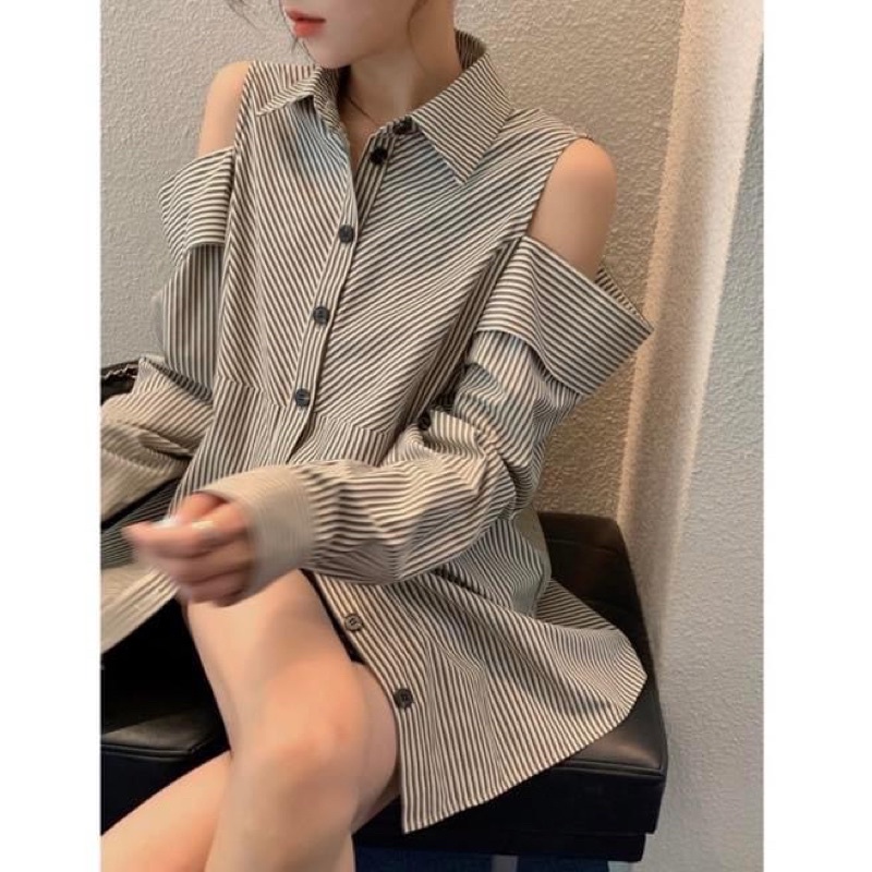Áo sơ mi tay dài khoét vai oversize form rộng giấu quần kẻ sọc - Order taobao quảng châu