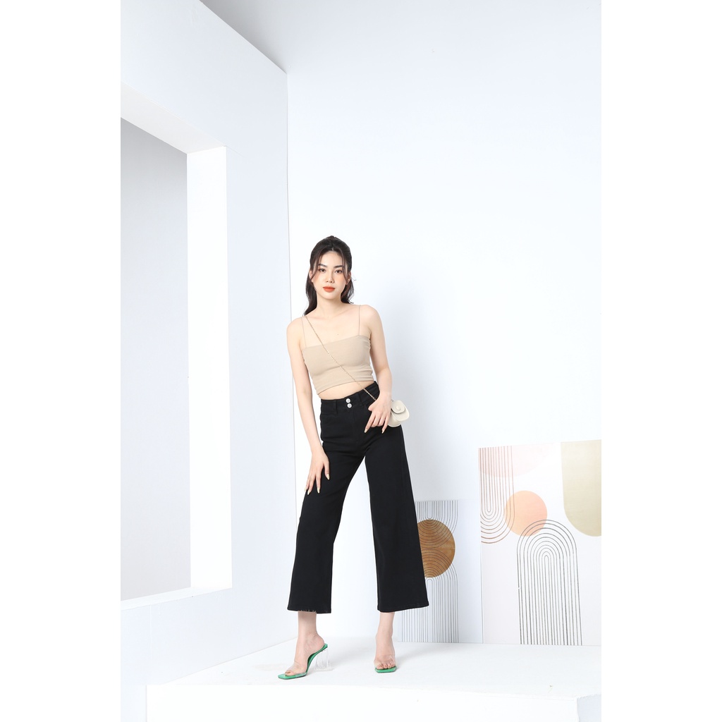 Quần Jeans Nữ Ống Rộng Đen Trắng 2 Cúc Co Giãn Trơn Gấu Thường CT Jeans