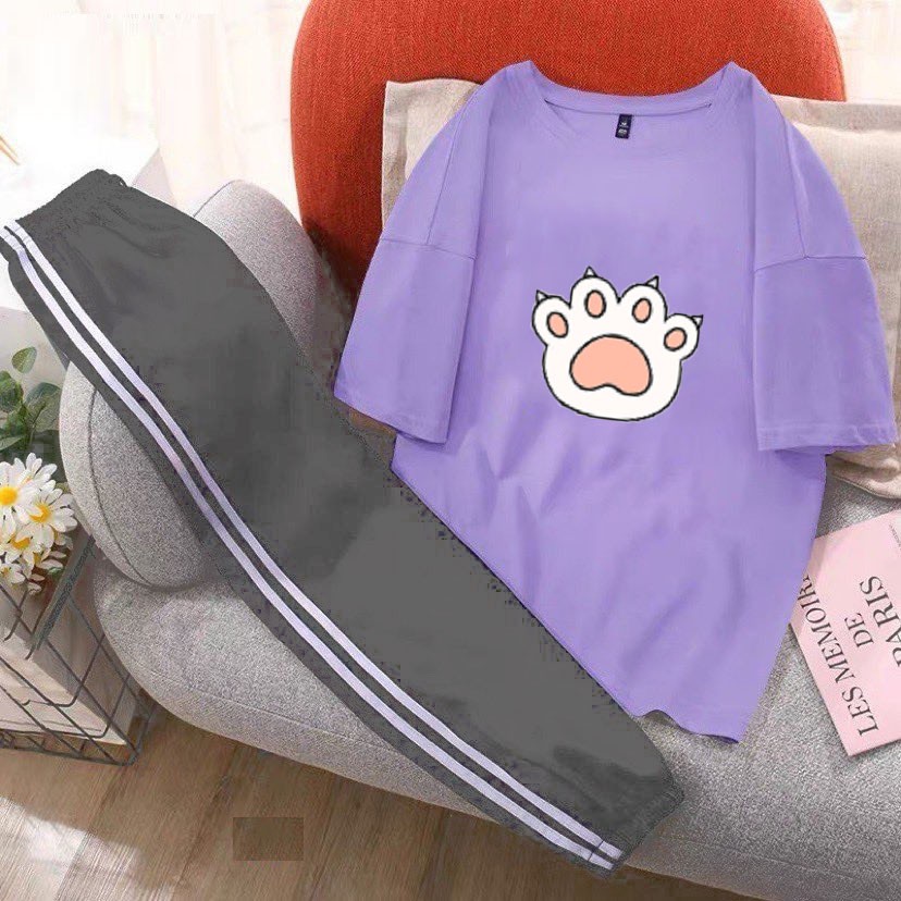 Sét Bộ Quần Áo Nữ Mặc Đi Chơi, Ở Nhà Mùa Hè, Áo Thun Phông Cotton Organic In Chân Cún Kèm Quần Thun Sọc Bo Chun Gấu
