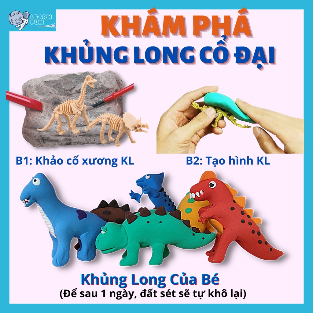 [2 IN 1] Bộ Đồ chơi giáo dục trẻ em khảo cổ khủng long và DIY nặn đất sét tạo hình khủng long Đất sét Nhật tự khô AnToàn