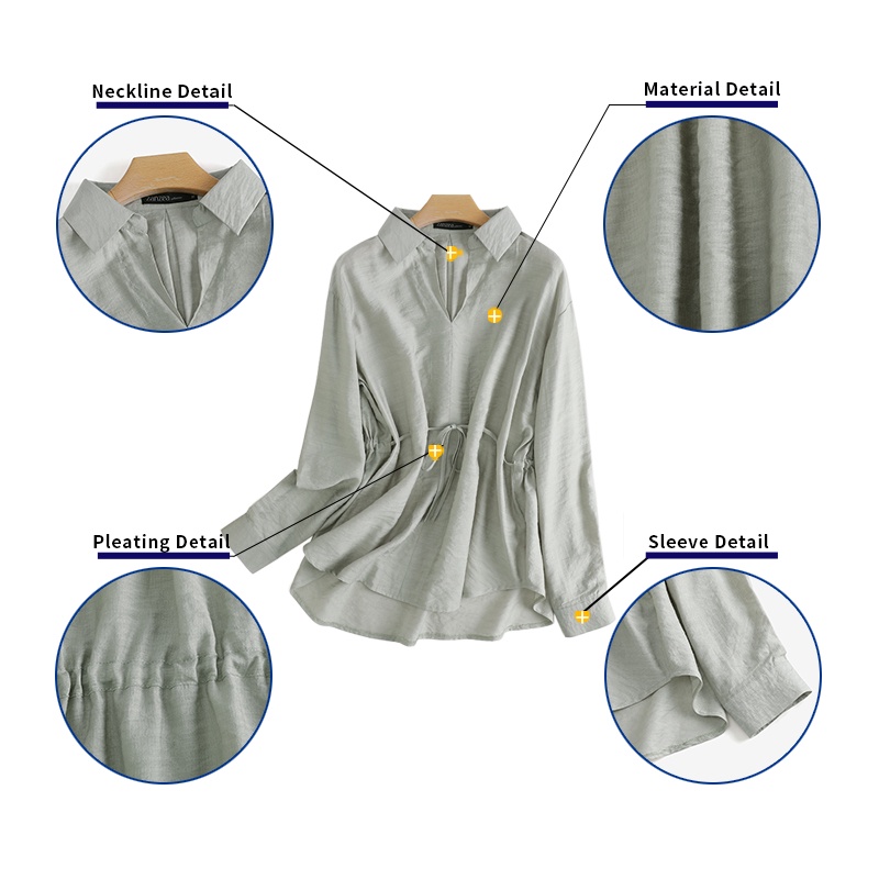 Áo sơ mi Zanzea cổ bẻ dáng rộng màu trơn phối dây rút thời trang trẻ trung cho nữ