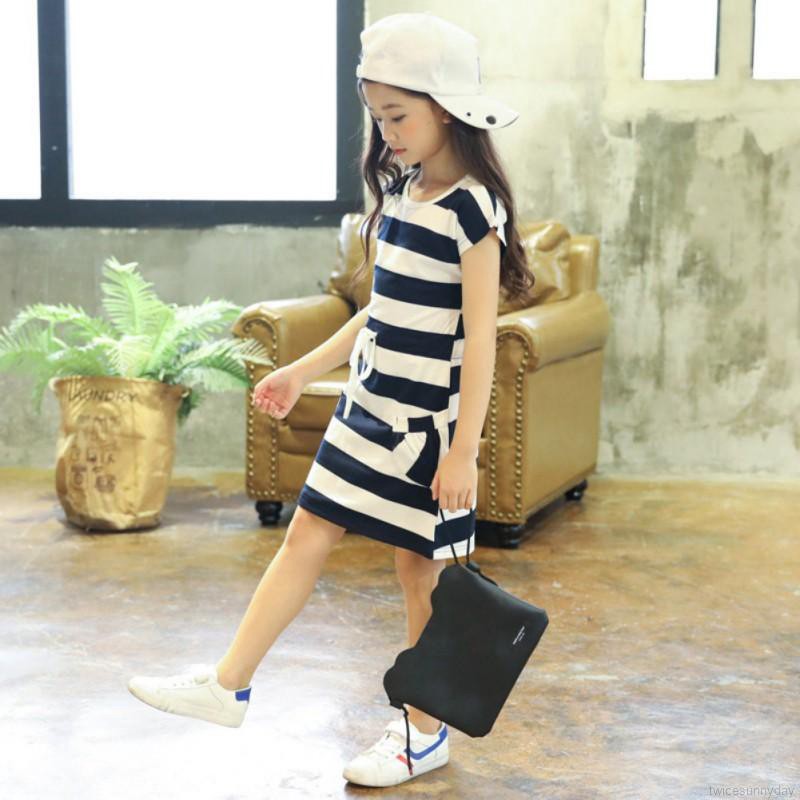 Đầm tay ngắn họa tiết kẻ sọc xinh xắn thời trang cho bé gái