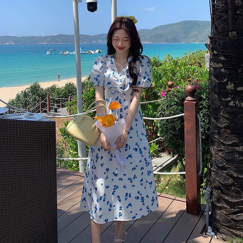 Đầm Hoa Tay Ngắn Cổ Chữ V Thời Trang Hàn Quốc Cho Nữ