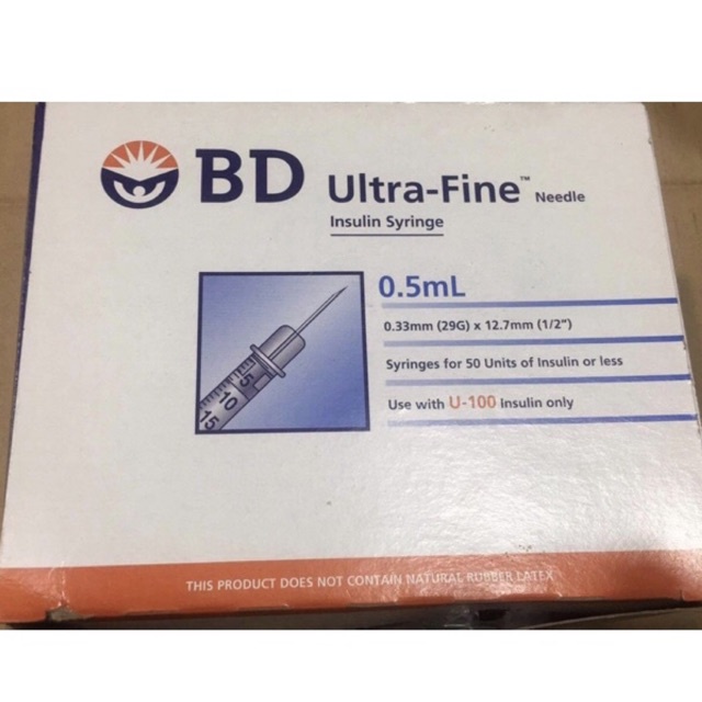 Bơm kim tiêm insulin BD ultra fine(usa Mỹ)0.5ml dung tích(thể tích dung dịch)50U 0.33mm(29G)x12.7mm(kim chích tiểu đường