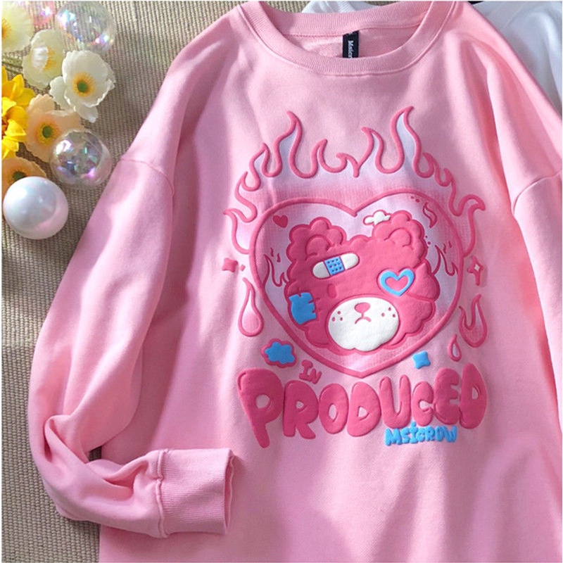 Áo sweater tay dài cổ tròn dáng rộng họa tiết chú gấu thời trang mùa thu phong cách Hàn Quốc cho cặp đôi