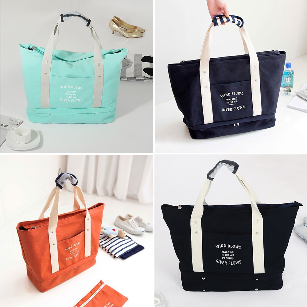 Túi vải canvas loại to gấp gọn nhiều ngăn đựng quần áo giày dép du lịch đi biển đi chơi có quai treo tay nắm vali