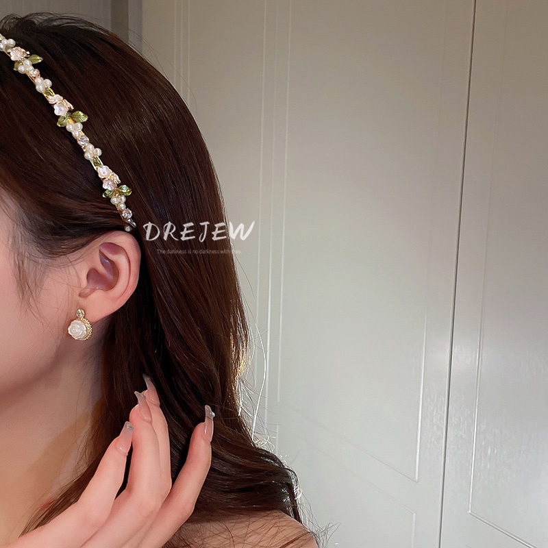 DREJEW Kẹp tóc hình hoa lá đính ngọc trai phong cách Hàn Quốc