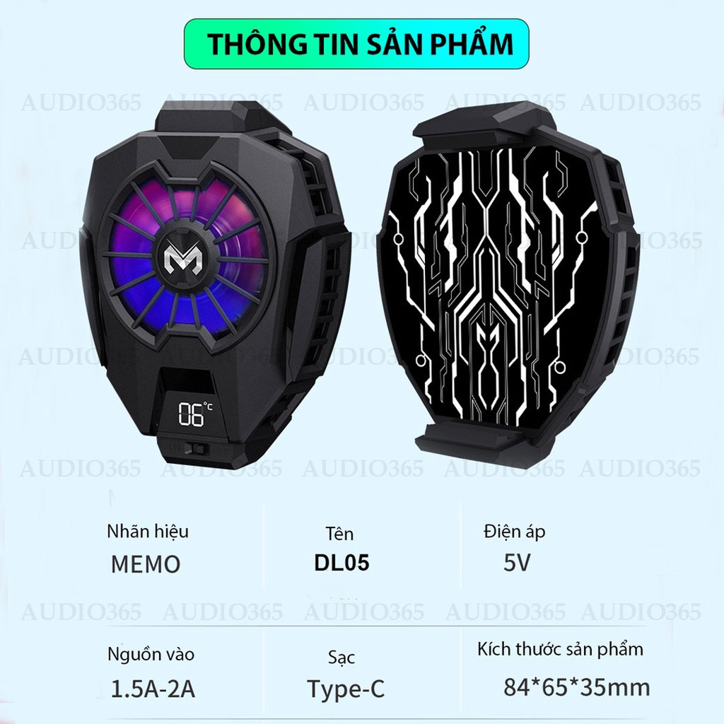 Quạt tản nhiệt điện thoại sò lạnh Memo DL05, chơi game mobile PUBG FF Liên Quân - AUDIO365