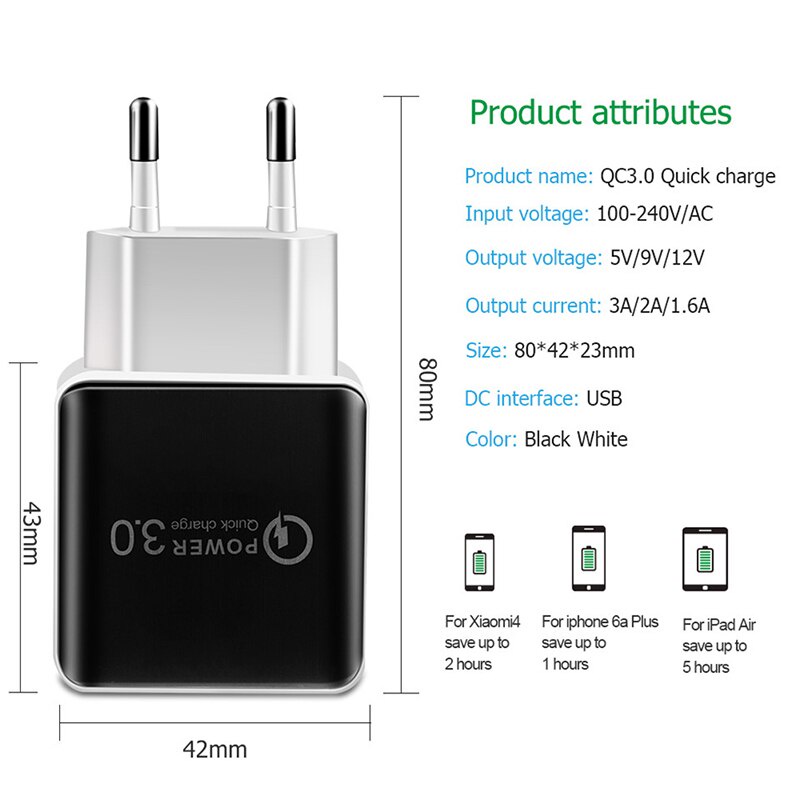 Quick Charge QC3.0 Mobile Phone Charger USB Travel Wall EU Charger Smartphone Fast Charging For iPhone Samsung Xiaomi LG