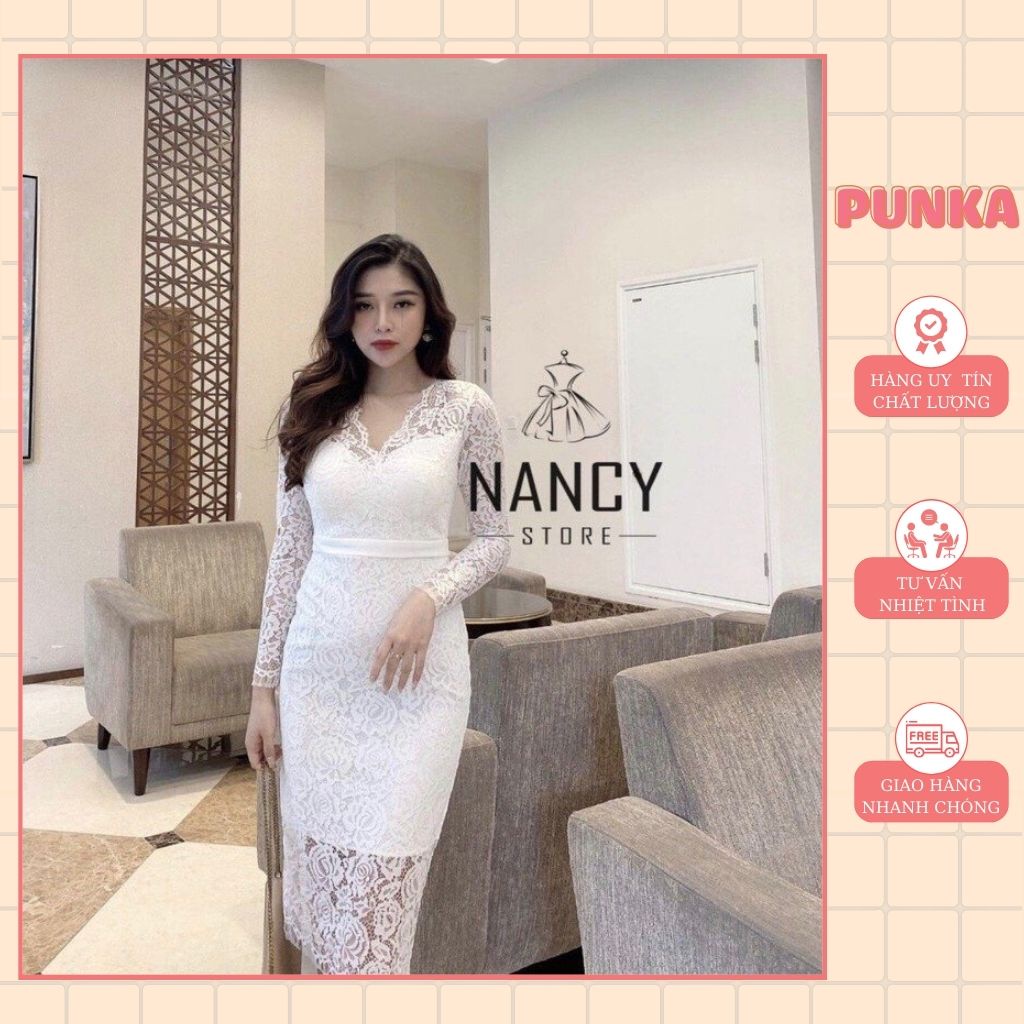 Đầm nữ ren trắng dáng dài cổ chữ V ôm eo siêu tôn dáng cao cấp