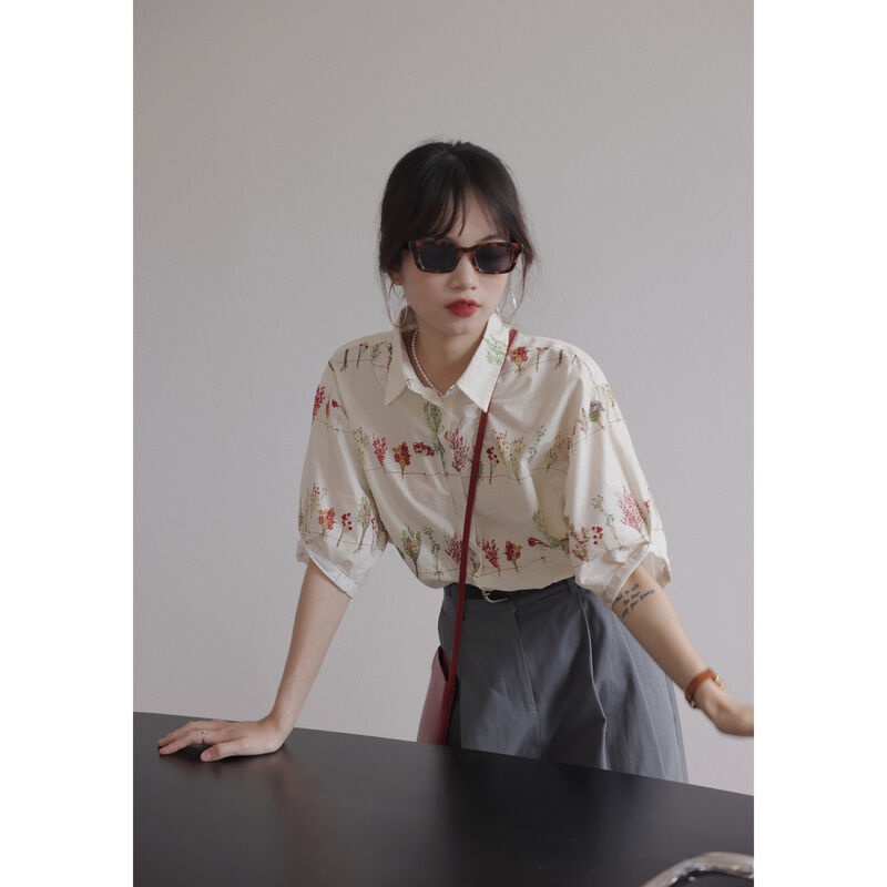 Áo Sơ Mi Nữ Ngắn Tay In Hoa Thời Trang Hàn Quốc