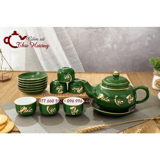 ấm chén Bát Tràng_Bộ bình trà Phúc Lộc Thọ men Ngọc Lục Bảo chữ vàng kim