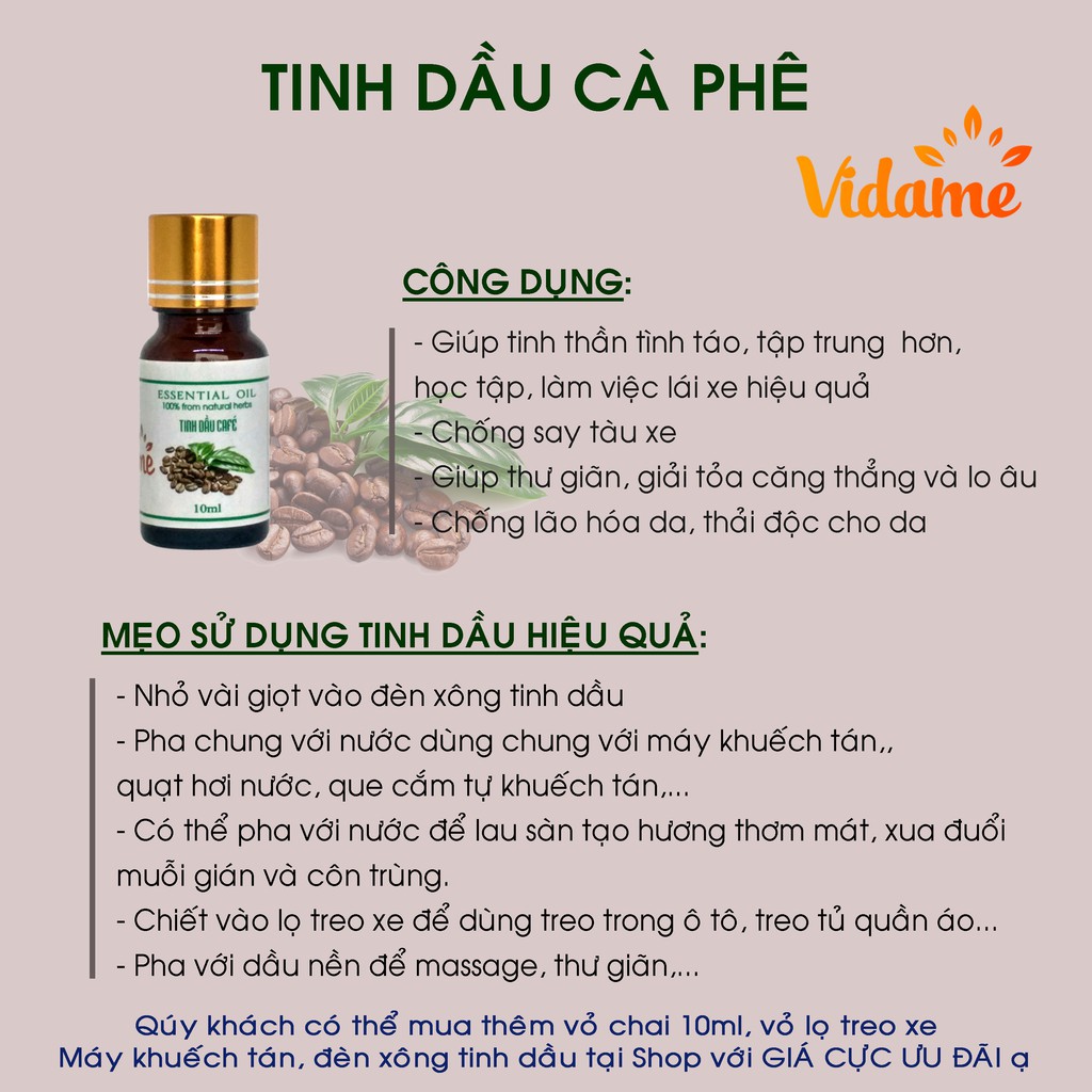 COMBO 2 Lọ Tinh Dầu Cà Phê VIDAME 10ml - Cho đèn xông tinh dầu và máy khuếch tán tinh dầu. Hàng cao cấp