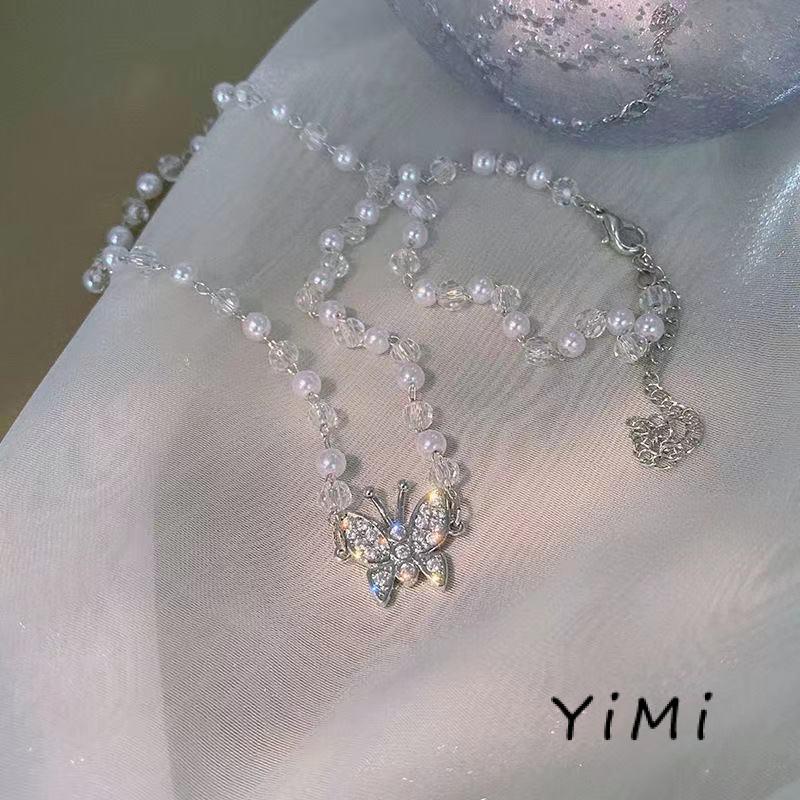 Vòng cổ Mặt Hình Bướm Hello Kitty Đính Ngọc Trai Cao Cấp Sang Trọng