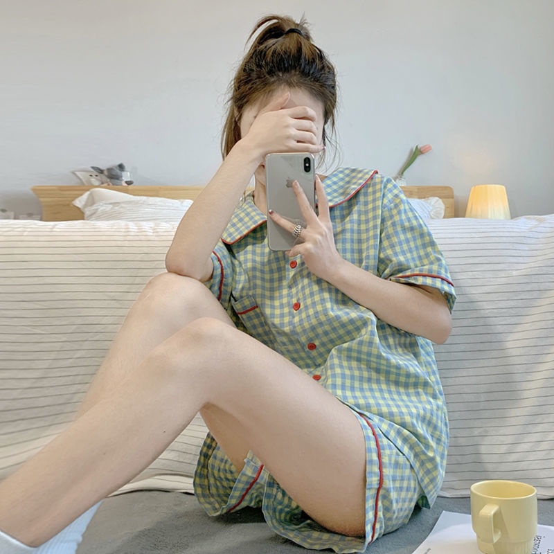 Bộ Đồ Ngủ Tay Ngắn Họa Tiết Sọc Caro Thiết Kế Đơn Giản Thời Trang Mùa Hè Mới Cho Nữ