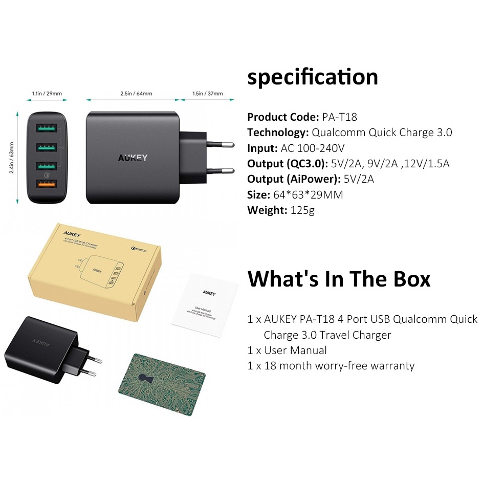 CỦ SẠC 4 CỔNG TÍCH HỢP 1 CỔNG QC3.0 AUKEY PA-T18