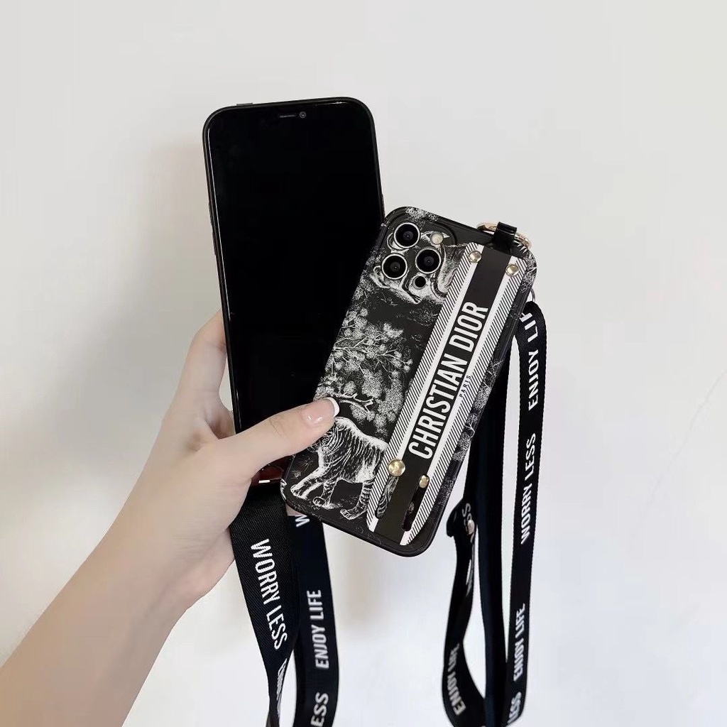 Dior retro pattern wristband phone case dior lanyard big name bracket case case thích hợp cho iphone 13 12 11 14 pro max