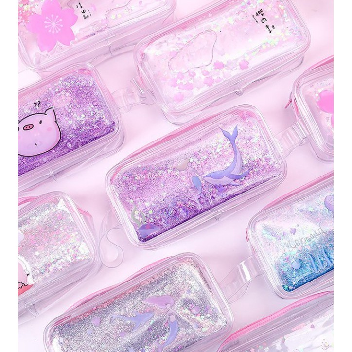 BÓP VIẾT NHỰA ĐỰNG BÚT TRONG KIM TUYẾN LẤP LÁNH HÌNH HEO - BÓP ĐỰNG BÚT TRONG SUỐT NHIỀU MÀU