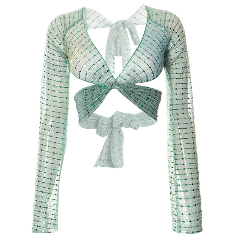 Áo Lưới Croptop Tay Dài Xuyên Thấu Đính Kim Sa Lấp Lánh Quyến Rũ Cho Nữ