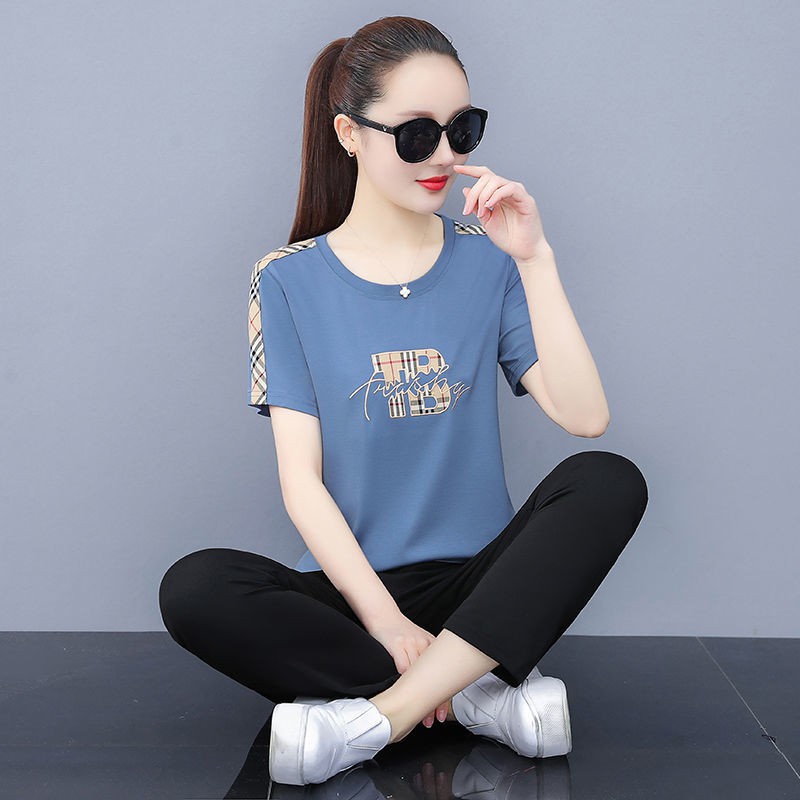 Bộ đồ thể thao cotton tinh khiết nữ xuân hè 2021 giảm béo cổ tròn áo thun hai mảnh thời trang giản dị