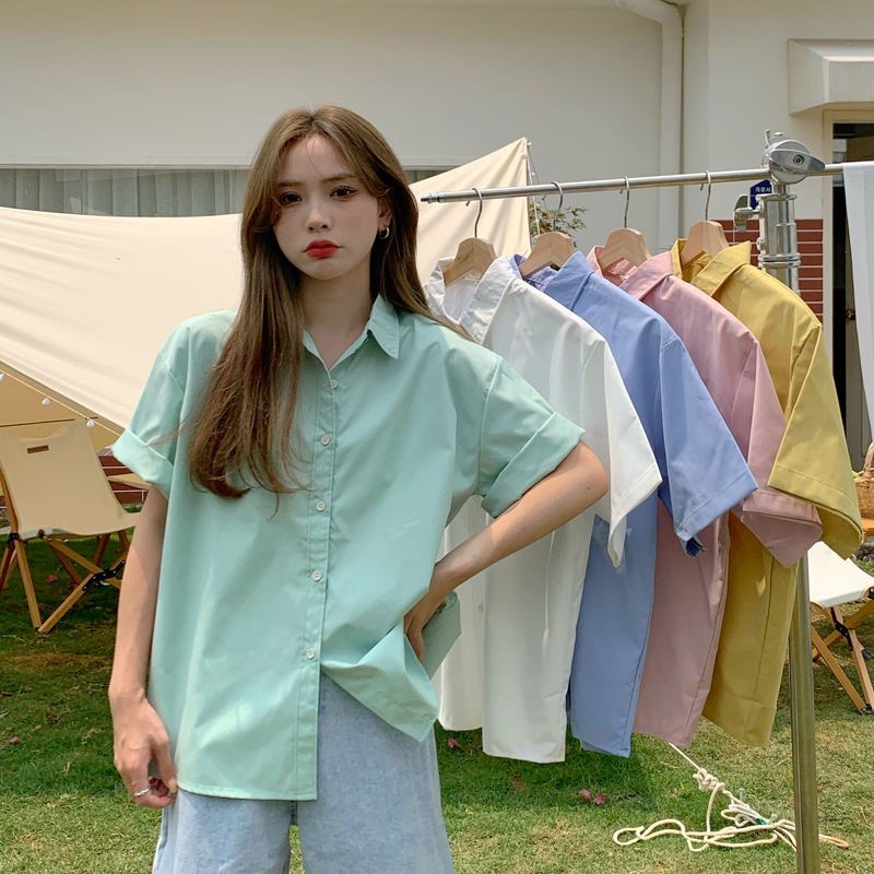 Áo sơ mi tay ngắn thiết kế mỏng phong cách retro mùa hè 2021 cho nữ