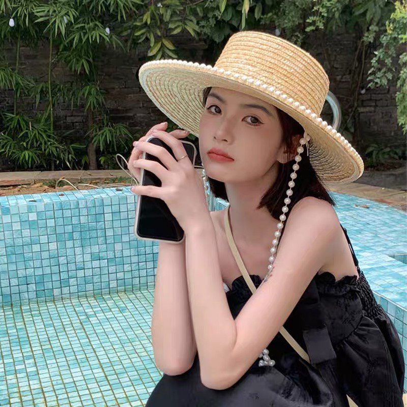 Mũ cói vành rộng viền ngọc kèm dây ngọc xinh xắn