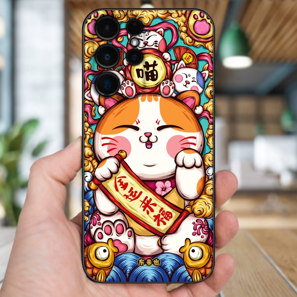 Ốp lưng Samsung S21 Ultra, S22 Ultra viền đen in hình Mèo Thần Tài dễ thương