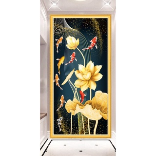 Tranh dán tường khổ dọc cá koi in pp phủ kim sa cao cấp la-018