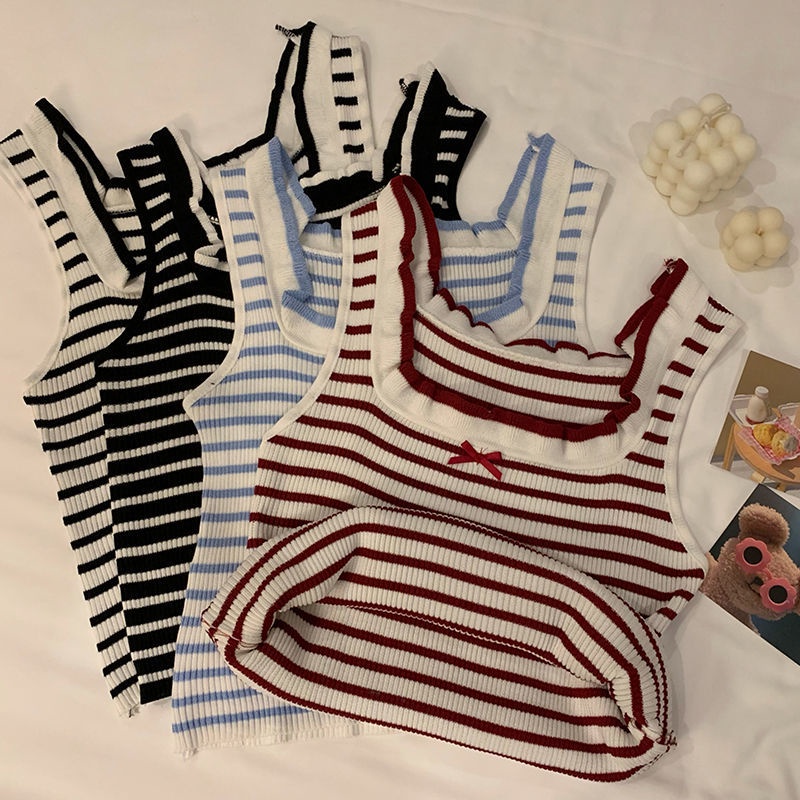 Áo Hai Dây Dáng Ôm Ngắn Phối Ren Họa Tiết Kẻ Sọc Phong Cách Hàn Quốc Quyến Rũ Cho Nữ