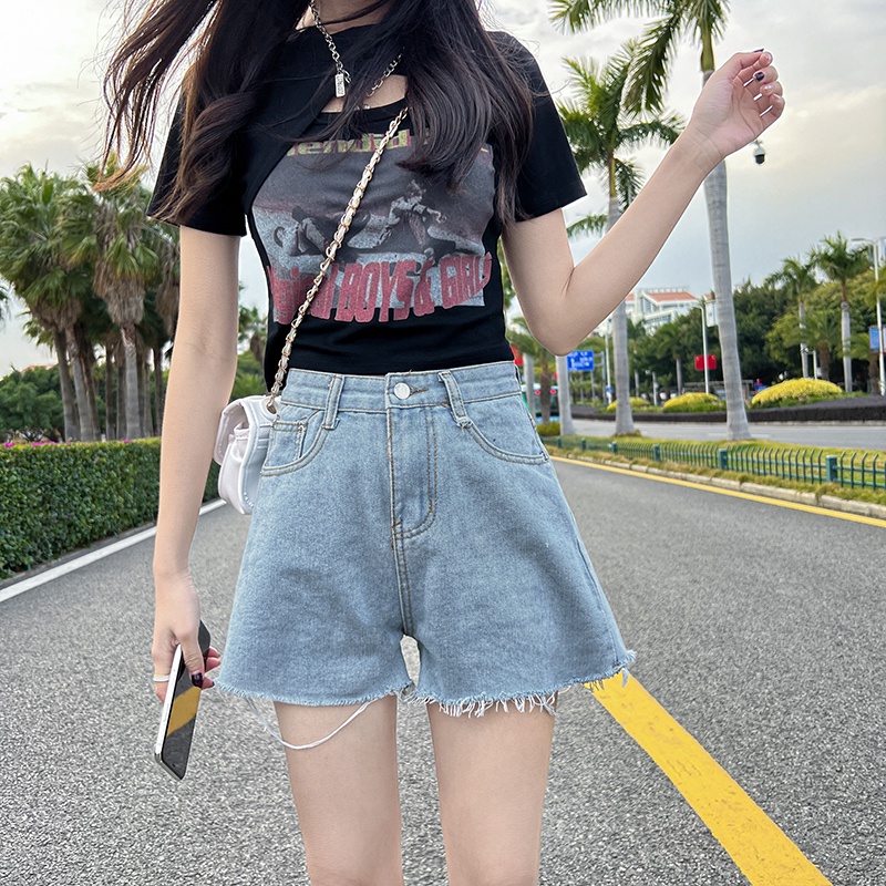 Quần Short Denim Lưng Cao Ống Rộng Phong Cách Hàn Quốc Thời Trang Mùa Hè Cho Nữ