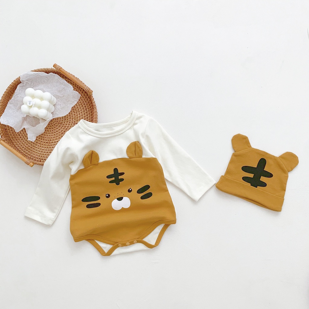Bộ Áo Liền Quần Dài Tay In Hoạt Hình Hổ Kèm Nón Thời Trang Xuân Thu Cho Bé Sơ Sinh