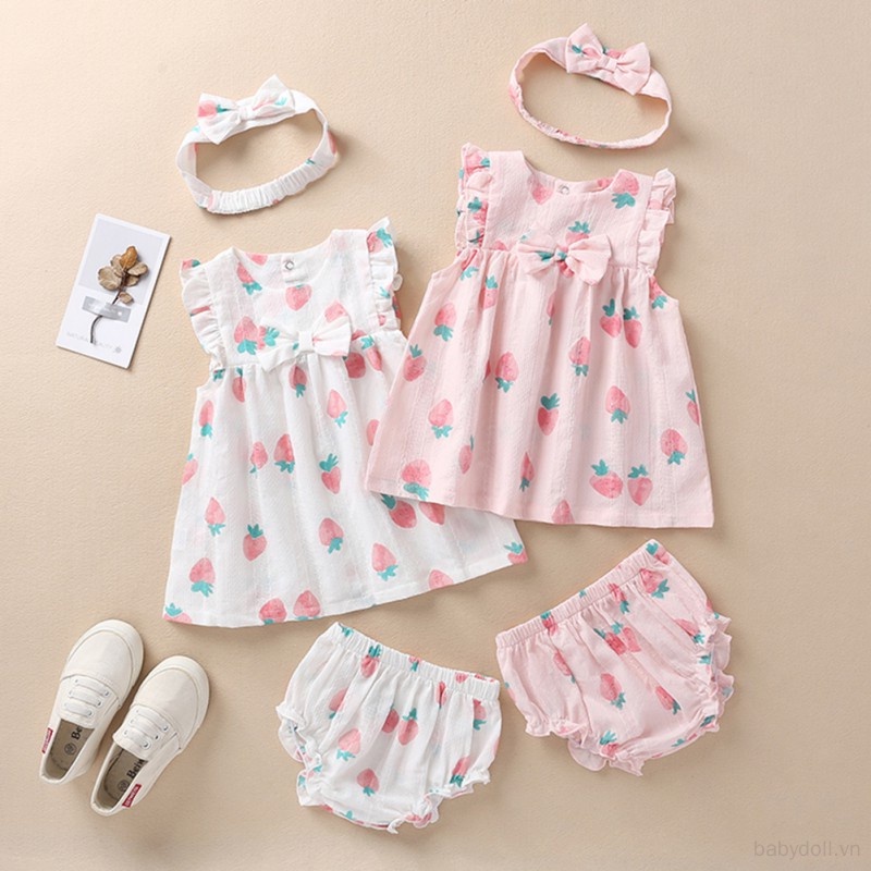 Set Đồ 3 Món Gồm Đầm Tay Xòe In Họa Tiết Dâu Tây + Quần PP + Băng Đô Cho Bé Gái 0-1 Tuổi