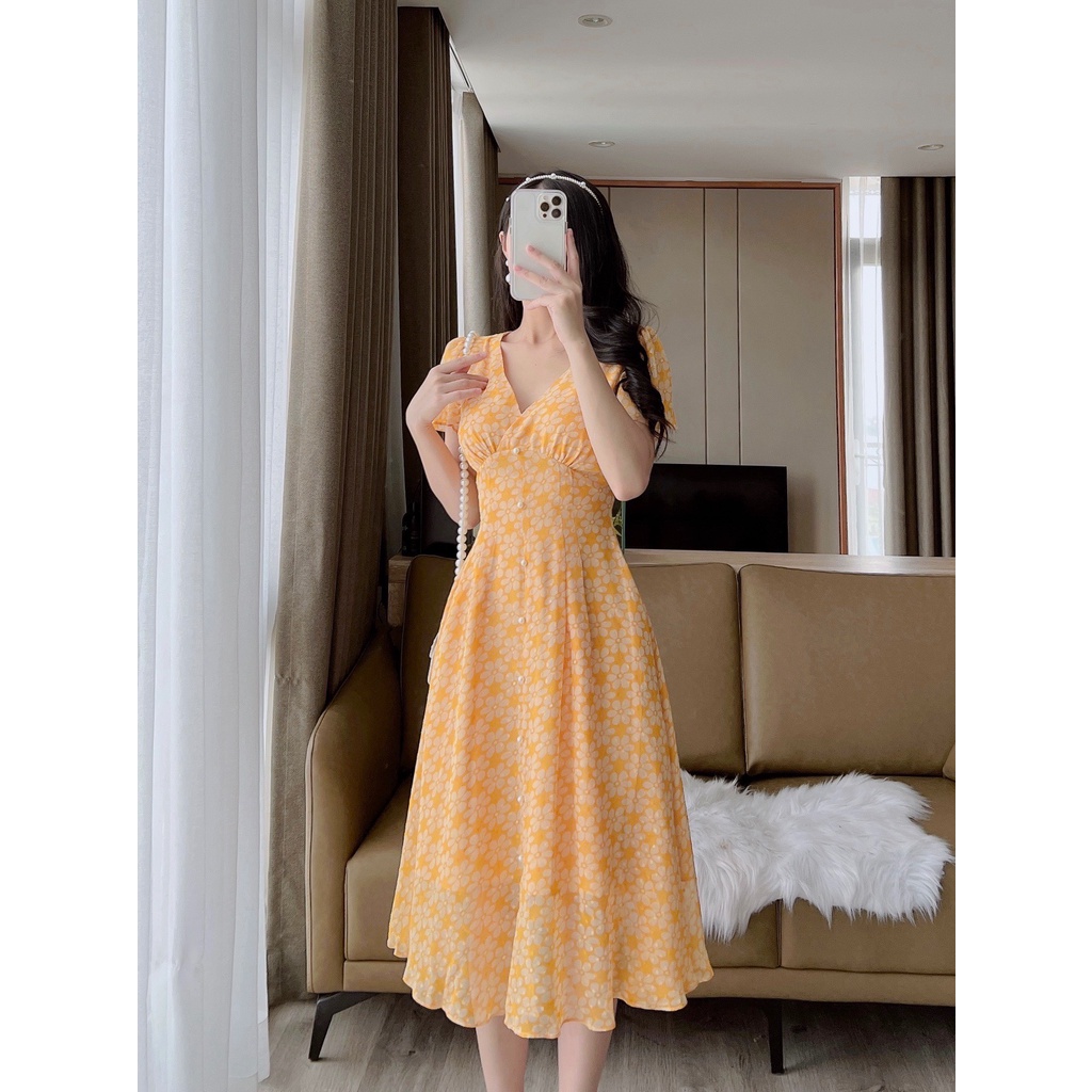 D143 VÁY HOA VÀNG TƠ ÉP