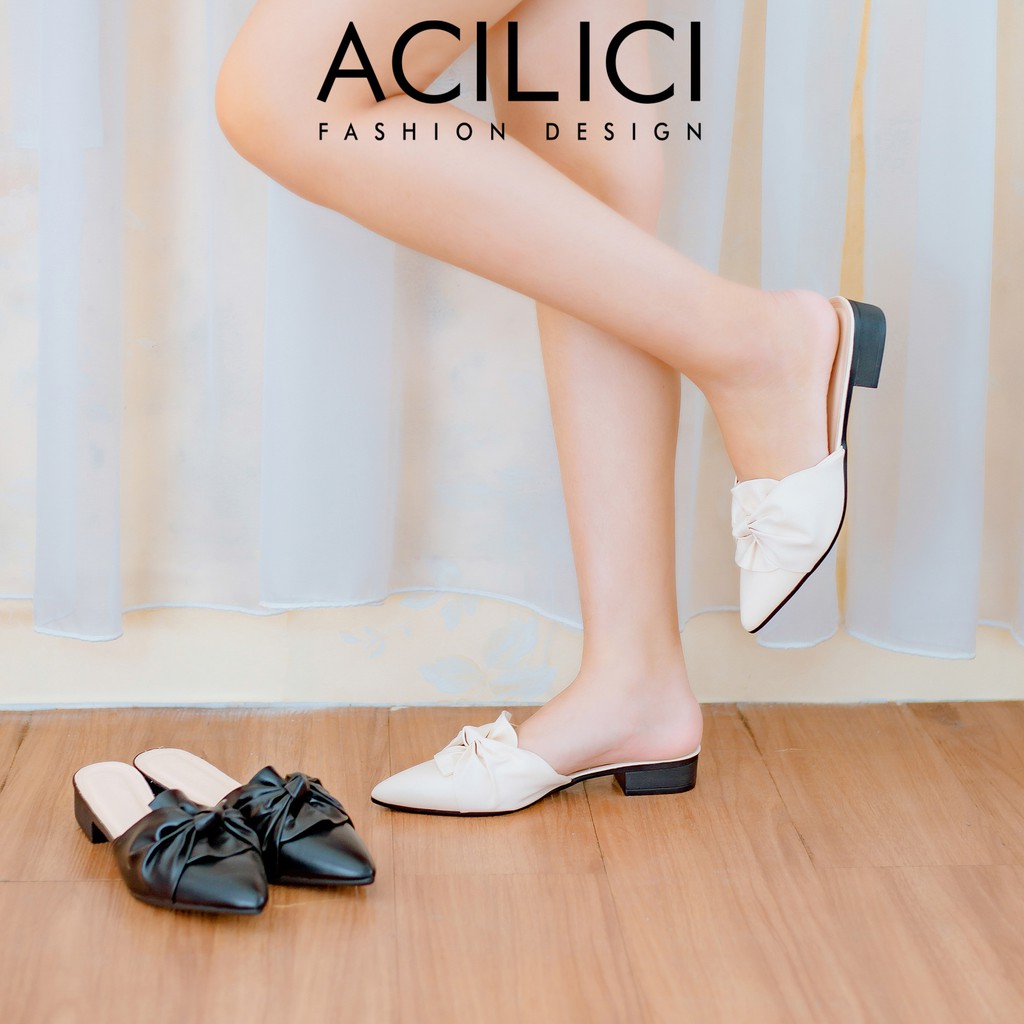 Giày sục nữ ACILICI thời trang mũi nhọn quai xoắn nơ fom chuẩn size 35-40 gót cao 2cm màu đen và kem_TC019 | BigBuy360 - bigbuy360.vn