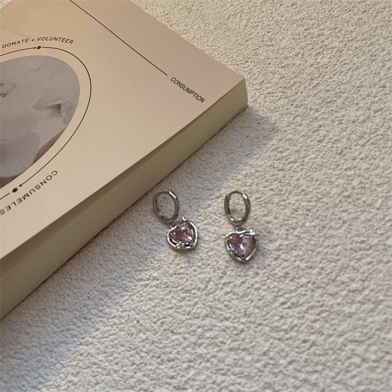 Khuyên Tai Hình Trái Tim Đính Đá zircon Hồng Thời Trang Harajuku Ngọt Ngào Cá Tính Dành Cho Bạn Nữ
