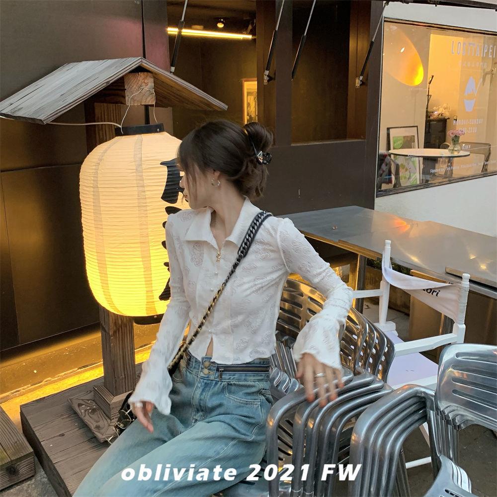 One Forget All Rỗng/&lt;Best Exclusive} Áo Sơ Mi Ren Hoa Hồng polo Dáng Ngắn Khí Chất Retro Cá Tính