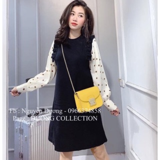Đầm len phối tay áo sơ mi chấm bi ulzzang dáng suông