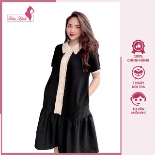Váy bầu công sở - đầm bầu xinh thiết kế cộc tay màu đen cổ sen đuôi cá HĐ23