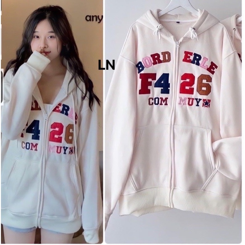 Áo khoác nỉ F426 chữ màu mũ 2 lớp TH6