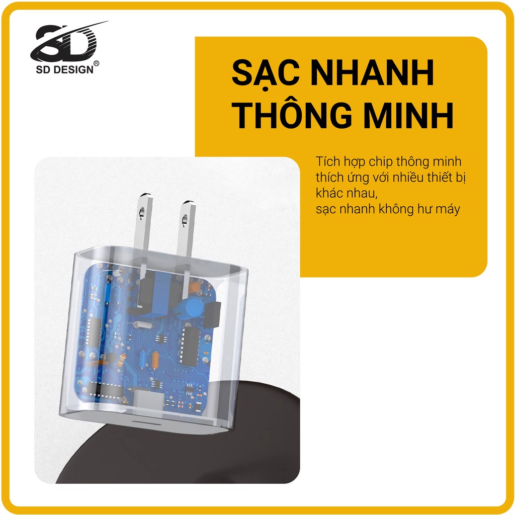 Sạc IPHG 06 SD DESIGN nhanh 20W,dây sạt nhanh IPtype-C to cho 6,7,8,X,11,12,13 Pro Max BH 12 tháng